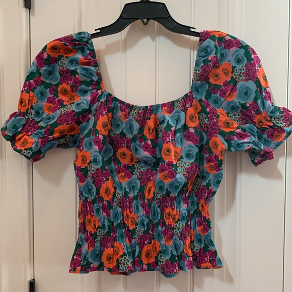VICI Lush Boho Blue Orange Purple Floral Smocked Top L - Picture 7 of 7